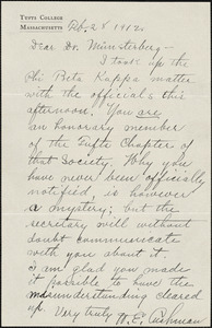 Cushman, Herbert Ernest, 1865-1944 autograph letter signed to Hugo Münsterberg, Tufts College, Mass., 28 February 1912