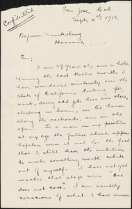 Custin, Maurice H., fl. 1913 autograph letter signed to Hugo Münsterberg, San Jose, Calif., 11 September 1913