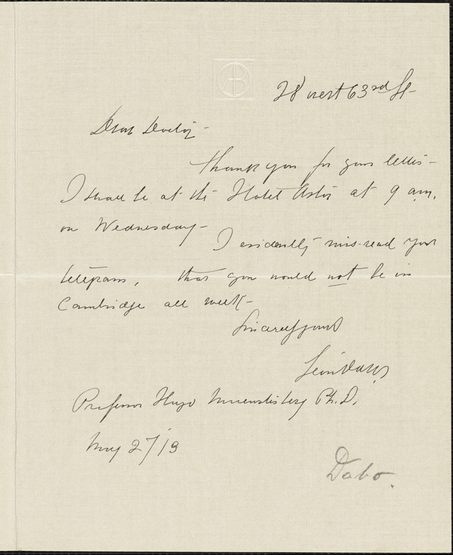 Dabo, Leon, 1868-1960 autograph letter signed to Hugo Münsterberg, New York, 24 May 1913