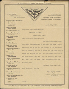 Dadman, Leon, fl. 1916 typed letter signed to Hugo Münsterberg, Boston, 13 April 1916
