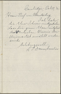 Damon, L. S., fl. 1892 autograph note signed to Hugo Münsterberg, Cambridge, Mass., 19 October 1892