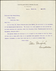 Danforth, Allen, fl. 1905 typed letter signed to Hugo Münsterberg, Boston, 24 March 1905