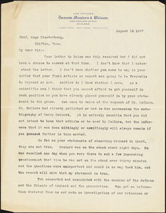 Darrow, Clarence Seward, 1857-1938 typed letter signed to Hugo Münsterberg, Chicago, 16 August 1907