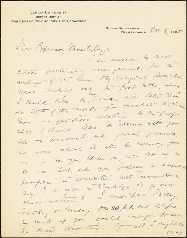 Davis, William Harper, fl. 1905 autograph letter signed to Hugo Münsterberg, South Bethlehem, Pa., 5 October 1905