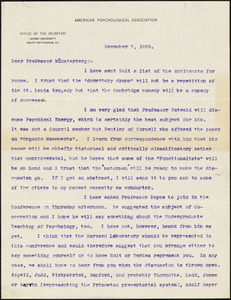 Davis, William Harper, fl. 1905 typed letter signed to Hugo Münsterberg, South Bethlehem, Pa., 7 December 1905