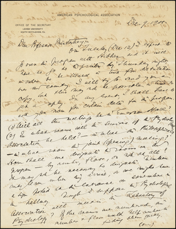 Davis, William Harper, fl. 1905 typed letter signed to Hugo Münsterberg, South Bethlehem, Pa., 9 December 1905