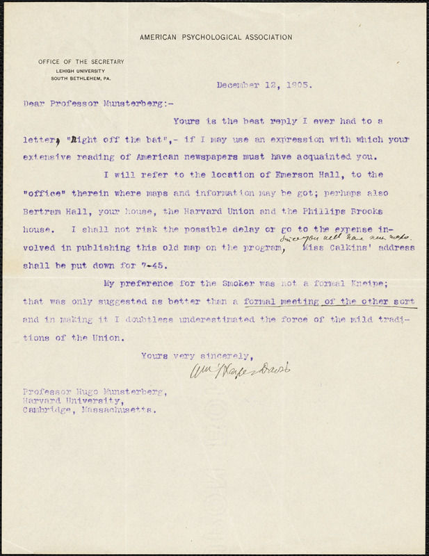 Davis, William Harper, fl. 1905 typed letter signed to Hugo Münsterberg, South Bethlehem, Pa., 12 December 1905