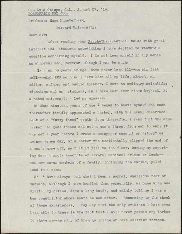 Deane, Hadley, fl. 1914 typed letter signed to Hugo Münsterberg, San Luis, Calif., 29 August 1914