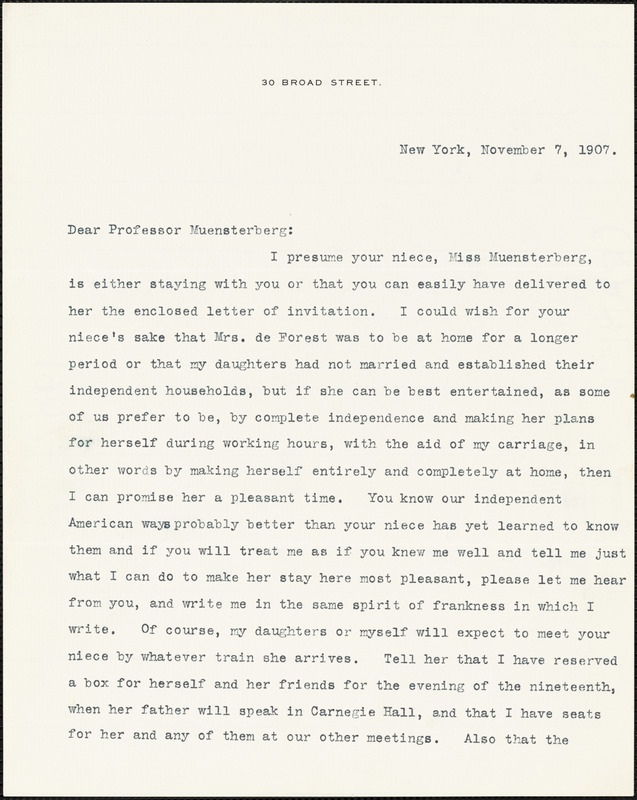De Forest, Robert Weeks, 1848-1931 typed letter signed to Hugo Münsterberg, New York, 7 November 1907