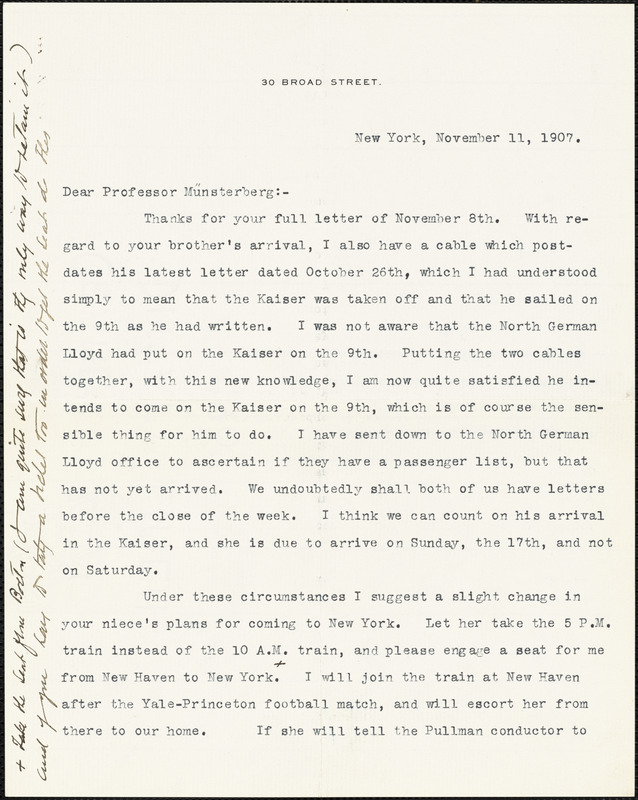 De Forest, Robert Weeks, 1848-1931 typed letter signed to Hugo Münsterberg, New York, 11 November 1907