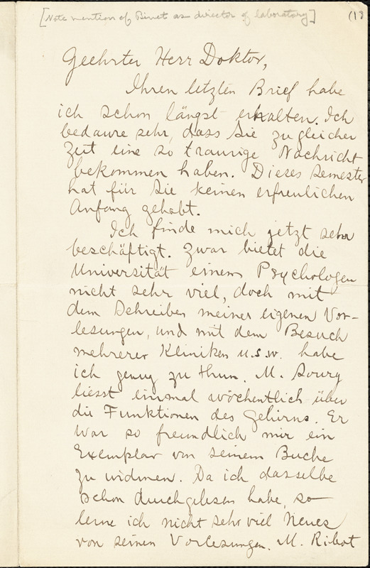 Delabarre, Edmund Burke, 1863-1945 autograph letter signed to Hugo Münsterberg, Paris, 3 December 1891