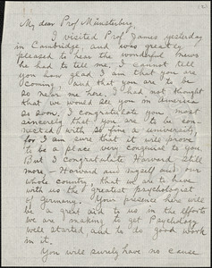 Delabarre, Edmund Burke, 1863-1945 autograph letter signed to Hugo Münsterberg, Providence, R.I., 17 April 1892