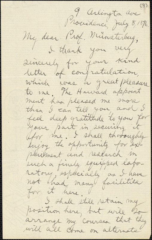 Delabarre, Edmund Burke, 1863-1945 autograph letter signed to Hugo Münsterberg, Providence, R.I., 8 July 1896