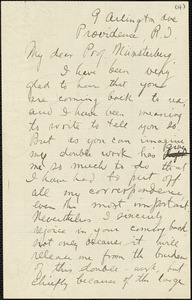 Delabarre, Edmund Burke, 1863-1945 autograph letter signed to Hugo Münsterberg, Providence, R.I., 29 April 1897