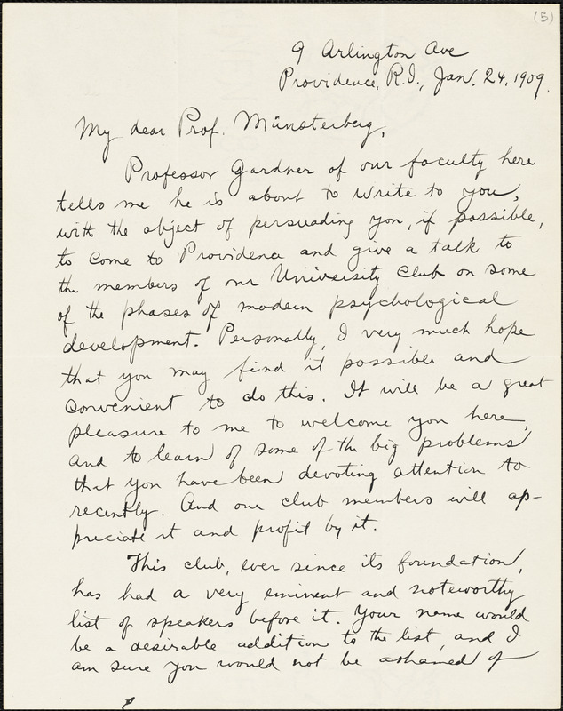 Delabarre, Edmund Burke, 1863-1945 autograph letter signed to Hugo Münsterberg, Providence, R.I., 24 January 1909