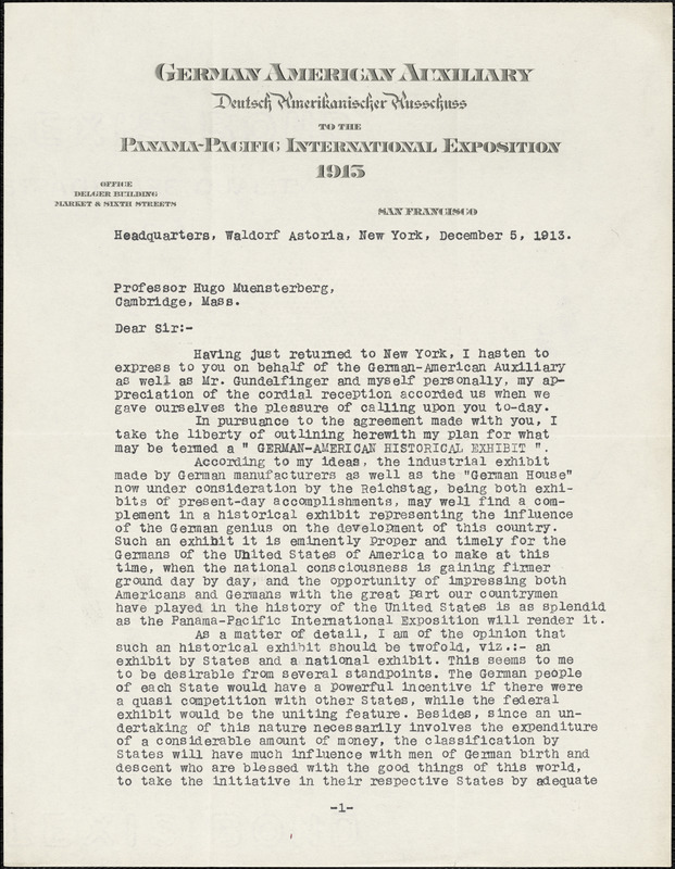 Delger, Edward F., fl. 1913 typed letter signed to typed letter to Hugo Münsterberg, San Francisco, 5 December 1913