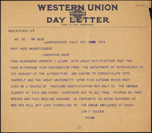 Delger, Edward F., fl. 1913 telegram to typed letter to Hugo Münsterberg, San Francisco, 22 October 1914