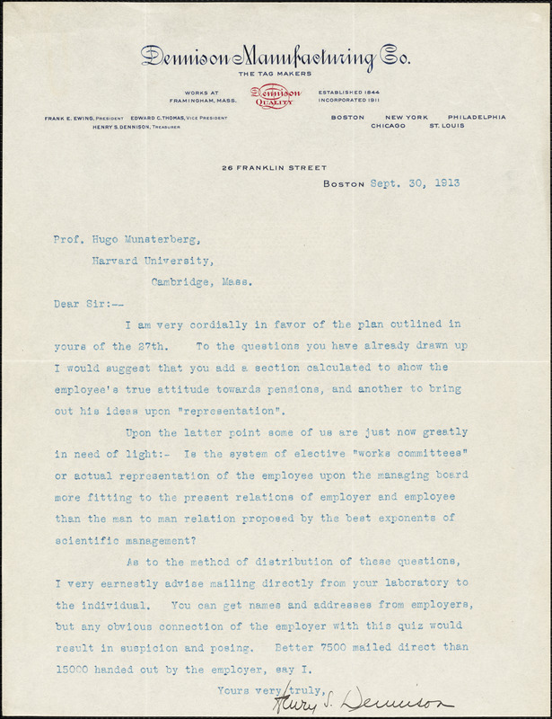 Dennison, Henry Sturgis, 1877-1952 typed letter signed to Hugo Münsterberg, Boston, 30 September 1913