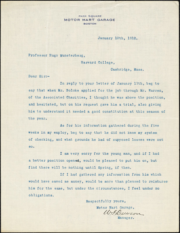 Dewson, W I , fl. 1912 typed letter signed to Hugo Münsterberg, Boston, 12 January 1912