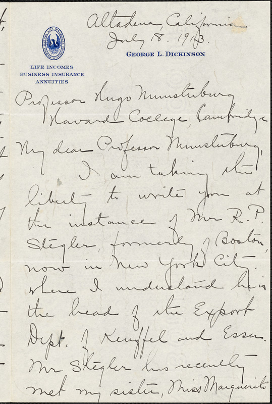 Dickinson, Bertha (Lovewell) fl. 1913 autograph letter signed to Hugo Münsterberg, Altadena, Calif., 18 July 1913
