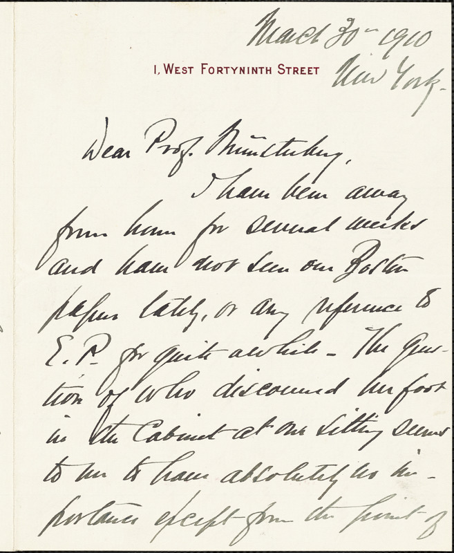 Dodd, George B., fl. 1910 autograph letter signed to Hugo Münsterberg, New York, 30 March 1910