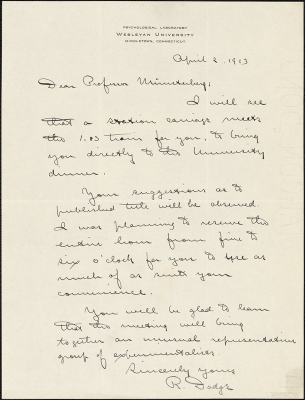 Dodge, Raymond, 1871-1942 autograph letter signed to Hugo Münsterberg, Middletown, Conn., 2 April 1913