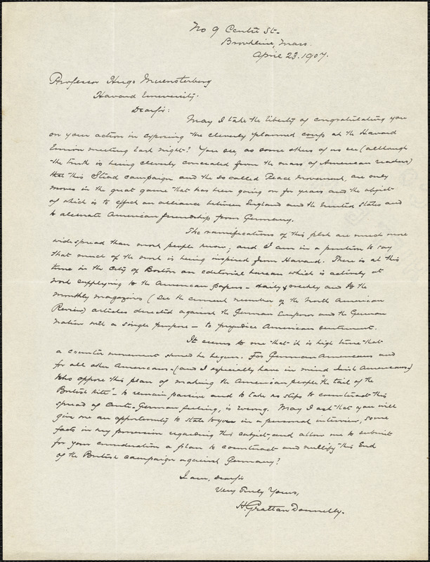 Donnelly, H Grattan, fl. 1907 autograph letter signed to Hugo Münsterberg, Brookline, Mass., 23 April 1907