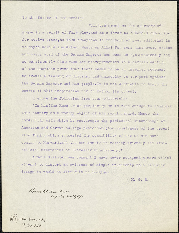 Donnelly, H Grattan, fl. 1907 typed letter signed (copy) to the Editor of the Herald, Brookline, Mass, 30 April 1907