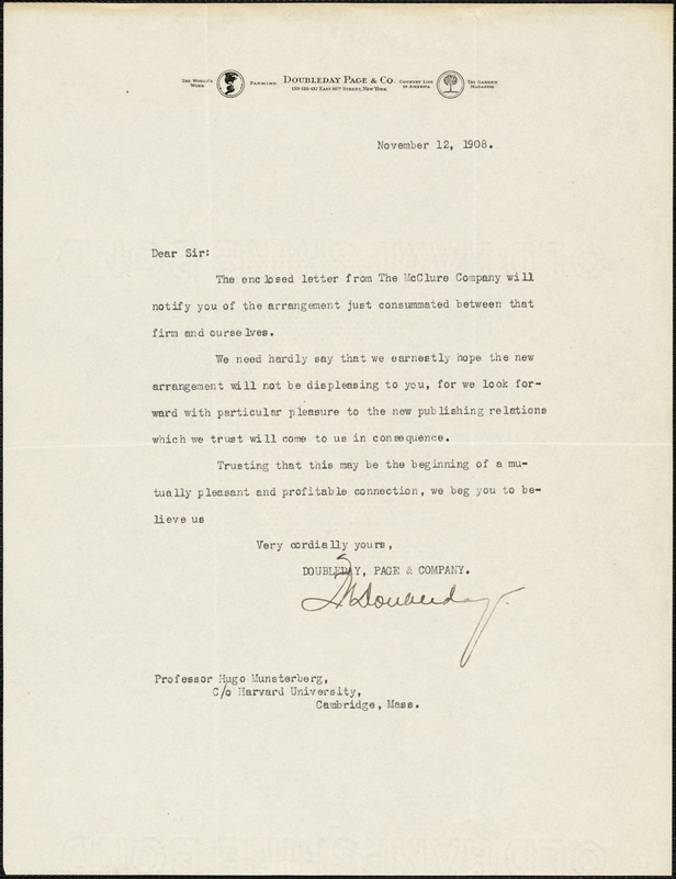 Doubleday, Frank Nelson, 1862-1934 typed letter signed to Hugo Münsterberg, New York, 12 November 1908
