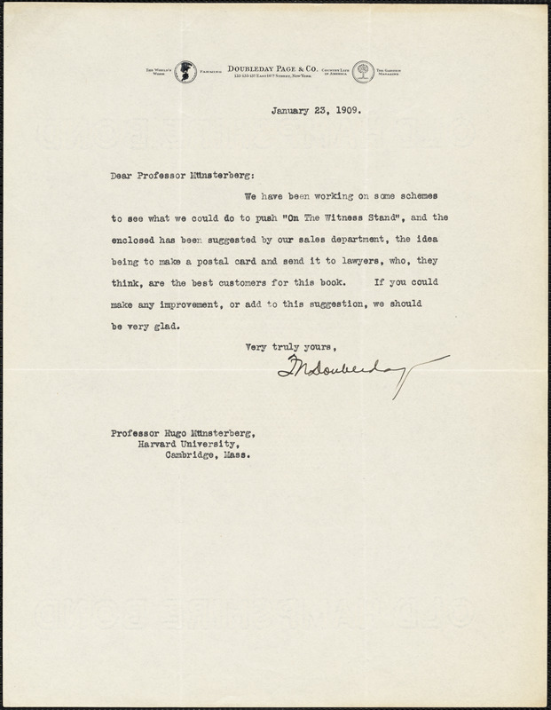 Doubleday, Frank Nelson, 1862-1934 typed letter signed to Hugo Münsterberg, New York, 23 January 1909