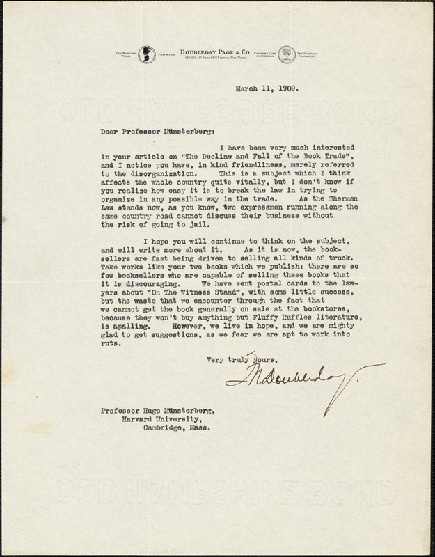 Doubleday, Frank Nelson, 1862-1934 typed letter signed to Hugo Münsterberg, New York, 11 March 1909