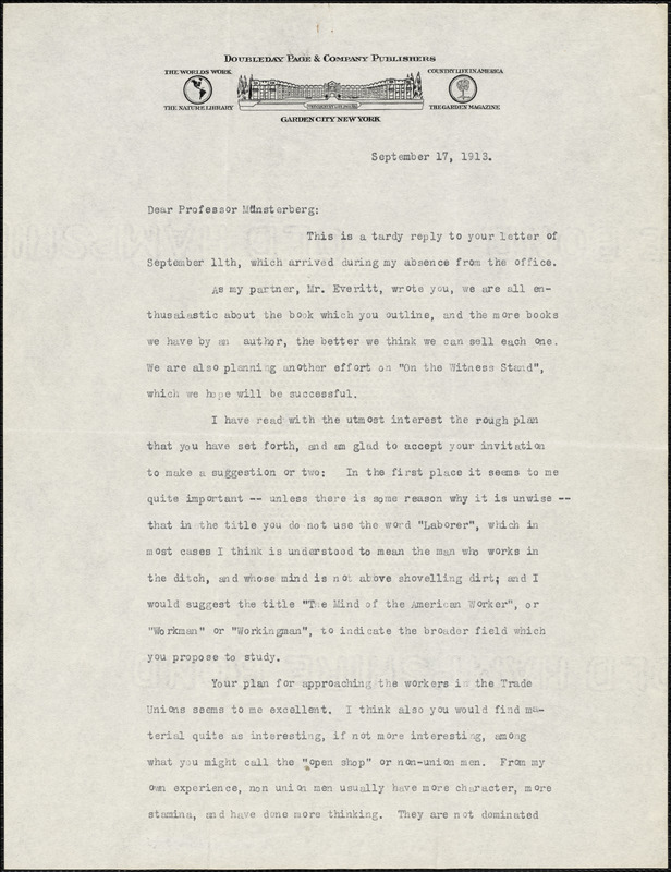 Doubleday, Frank Nelson, 1862-1934 typed letter signed to Hugo Münsterberg, Garden City, N. Y., 17 September 1913