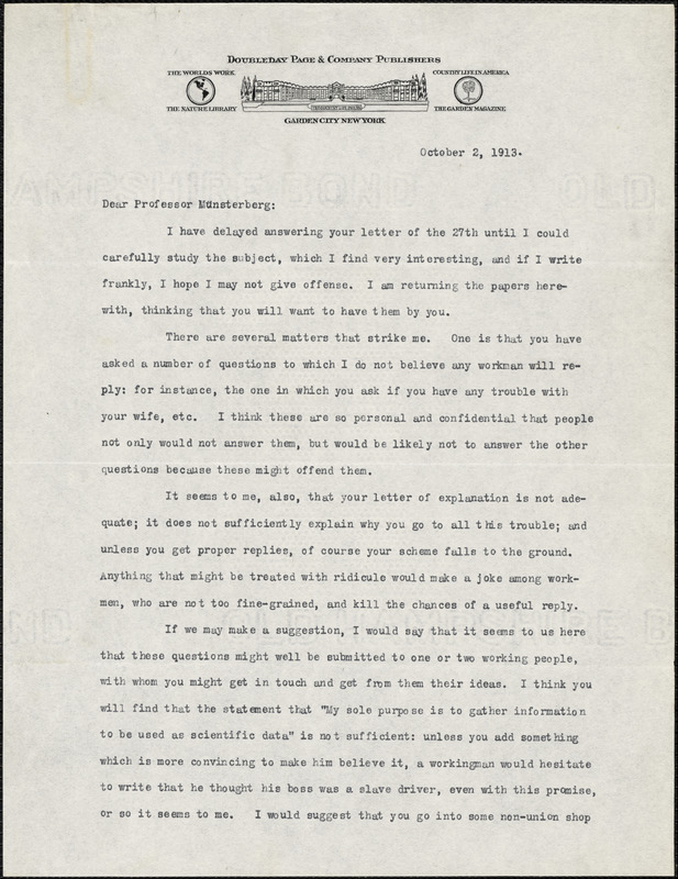 Doubleday, Frank Nelson, 1862-1934 typed letter signed to Hugo Münsterberg, Garden City, N. Y., 2 October 1913