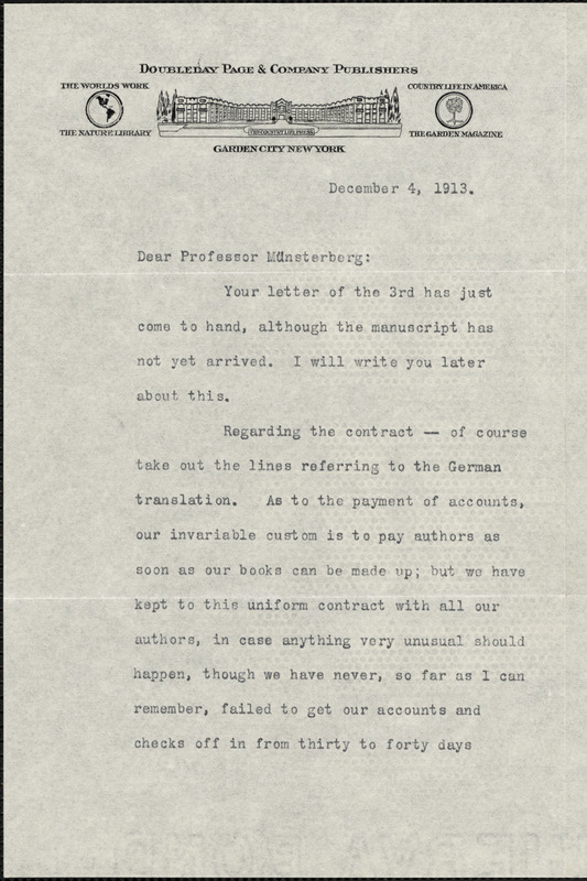 Doubleday, Frank Nelson, 1862-1934 typed letter signed to Hugo Münsterberg, Garden City, N. Y., 4 December 1913
