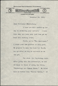 Doubleday, Frank Nelson, 1862-1934 typed letter signed to Hugo Münsterberg, Garden City, N. Y., 12 December 1913