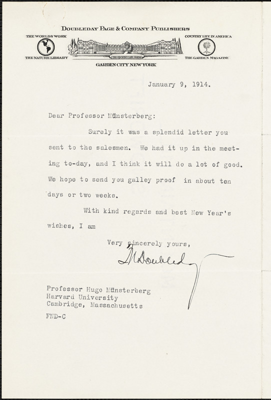 Doubleday, Frank Nelson, 1862-1934 typed letter signed to Hugo Münsterberg, Garden City, N. Y., 9 January 1914