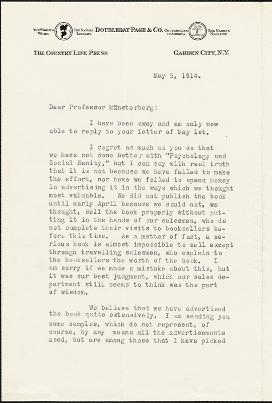 Doubleday, Frank Nelson, 1862-1934 typed letter signed to Hugo Münsterberg, Garden City, N. Y., 5 May 1914