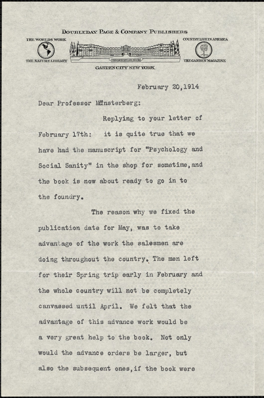 Doubleday, Russell, 1872-1949 typed letter signed to Hugo Münsterberg, Garden City, N.Y., 20 February 1914