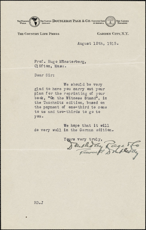 Doubleday, Russell, 1872-1949 typed letter signed to Hugo Münsterberg, Garden City, N.Y., 12 August 1915