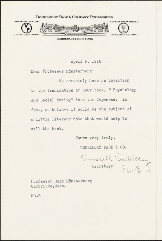 Doubleday, Russell, 1872-1949 typed letter signed to Hugo Münsterberg, Garden City, N.Y., 6 April 1916
