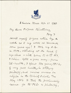 Drake, Durant, 1878-1933 autograph letter signed to Hugo Münsterberg, Sharon, Mass., 11 February 1910