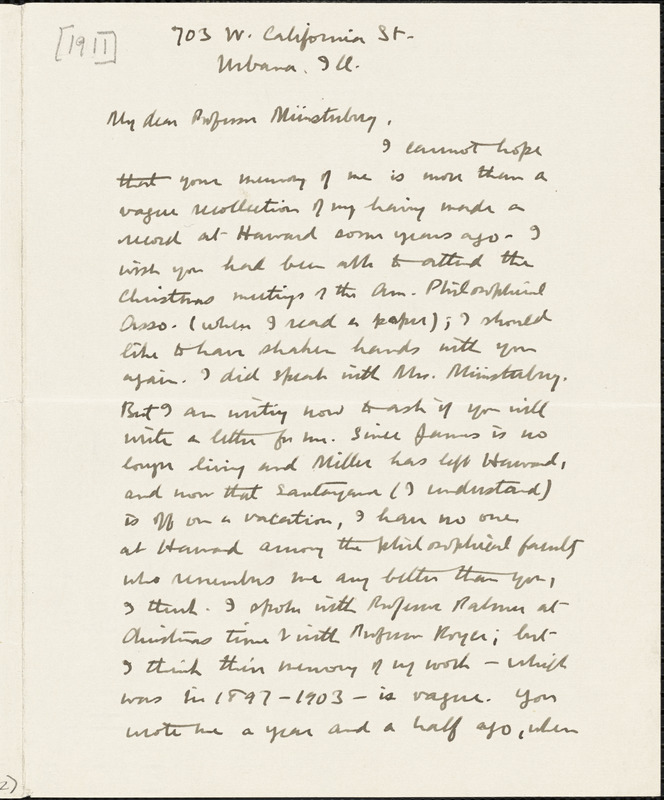 Drake, Durant, 1878-1933 autograph letter signed to Hugo Münsterberg, Urbana, Ill., [1911]