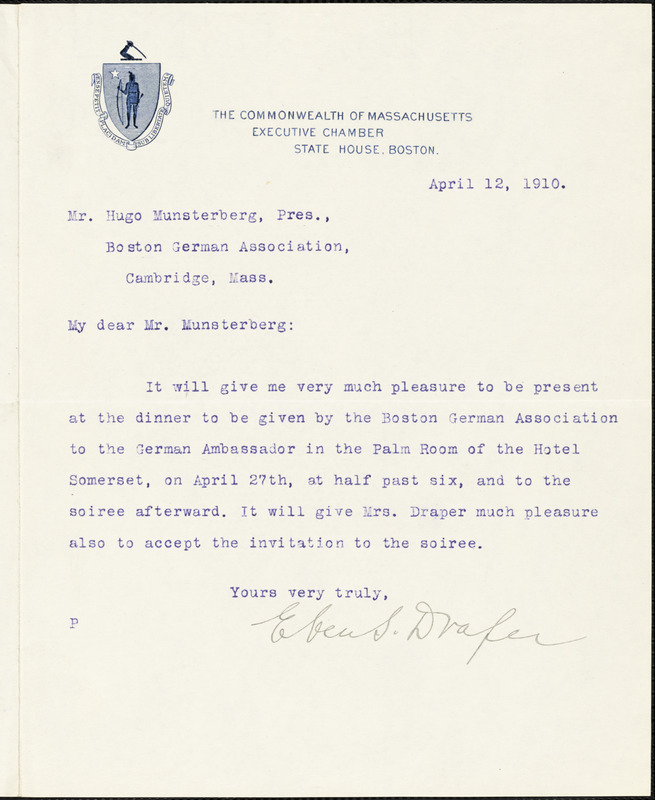 Draper, Eben Sumner, 1858-1914 typed letter signed to Hugo Münsterberg, Boston, 12 April 1910