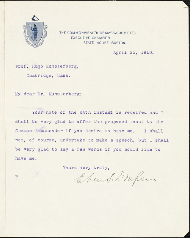Draper, Eben Sumner, 1858-1914 typed letter signed to Hugo Münsterberg, Boston, 25 April 1910