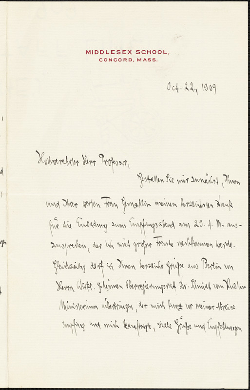 Drechsler, Robert Walter, fl. 1913 autograph letter signed to Hugo Münsterberg, Concord, Mass., 22 October 1909