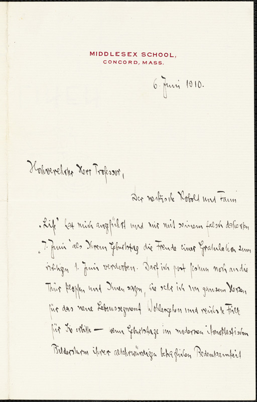 Drechsler, Robert Walter, fl. 1913 autograph letter signed to Hugo Münsterberg, Concord, Mass., 6 June 1910