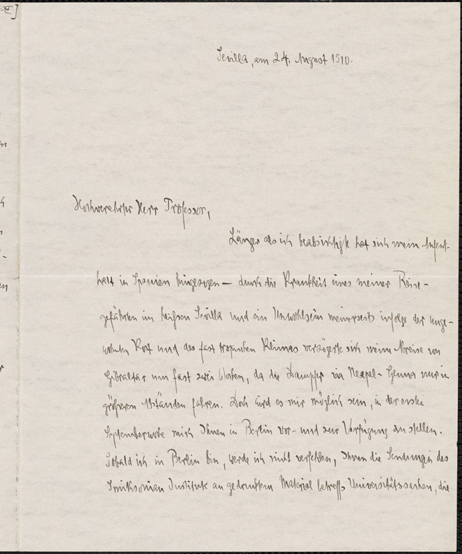 Drechsler, Robert Walter, fl. 1913 autograph letter signed to Hugo Münsterberg, Seville, Spain, 24 August 1910