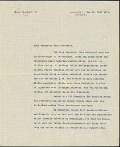 Drechsler, Robert Walter, fl. 1913 typed letter signed to Hugo Münsterberg, Berlin, 31 July 1911