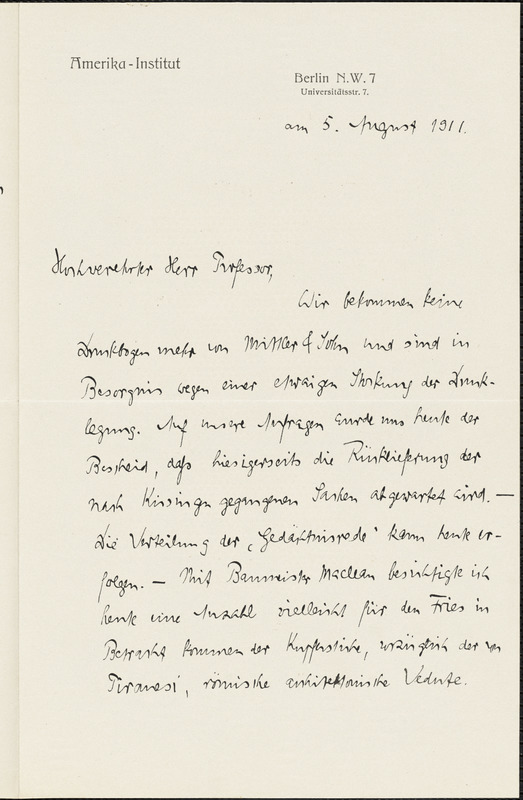 Drechsler, Robert Walter, fl. 1913 autograph letter signed to Hugo Münsterberg, Berlin, 5 August 1911
