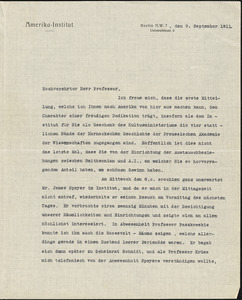 Drechsler, Robert Walter, fl. 1913 typed letter signed to Hugo Münsterberg, Berlin, 9 September 1911